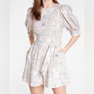 Express Floral Linen-Blend Puff Shoulder Tie Waist Romper Sz. M